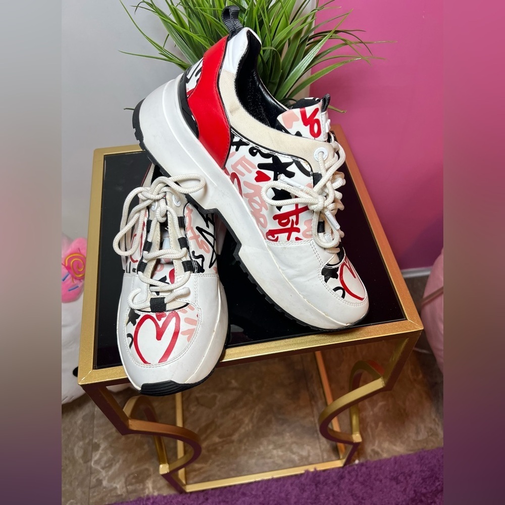 Stylish White and Red Sneakers with Heart Design